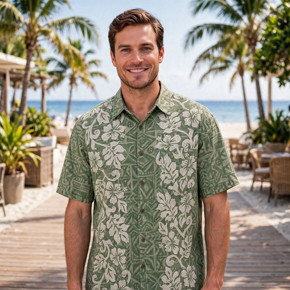 Vintage Men's XL Sunset Trading Hawaiian Camp Shirt Sage Green and Tan 90's Surf